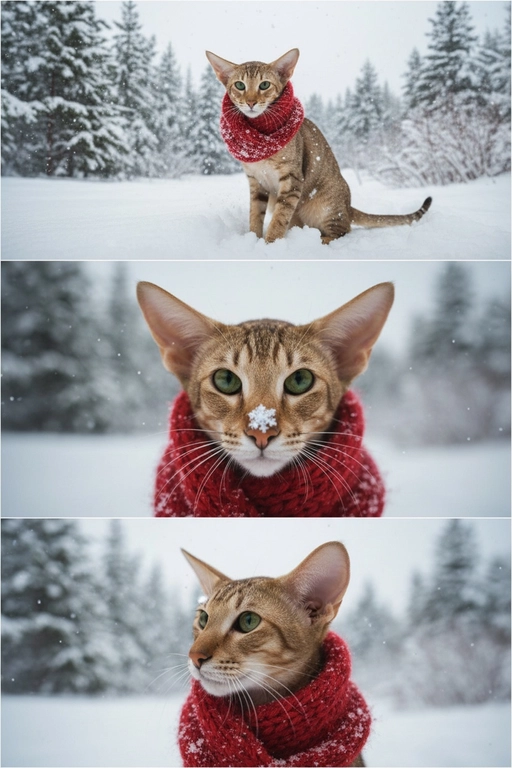     Коллаж из 3-Х фото моего питомца на зимнем фоне в снегу. Питомец в вязаном шарфе, вокруг падает снег, на заднем плане заснеженный лес.

Первый кадр — питомец в полный рост. Он играется со снегом 

Второй кадр — крупный план, увеличенный кадр мордочки питомца с одной снежинкой на носике. Мордочка питомца занимает весь кадр, взгляд прямо в камеру 
 
Третий кадр - портрет питомца, он смотрит в левую сторону. На фото виден шарф, на шарфу есть снежинки 

Три кадра объединены в вертикальный коллаж в едином тоне и свете. Атмосфера — реалистичная, теплая и немного кинематографичная.
Свет мягкий, утренний.  Цвет шарфа - красный 