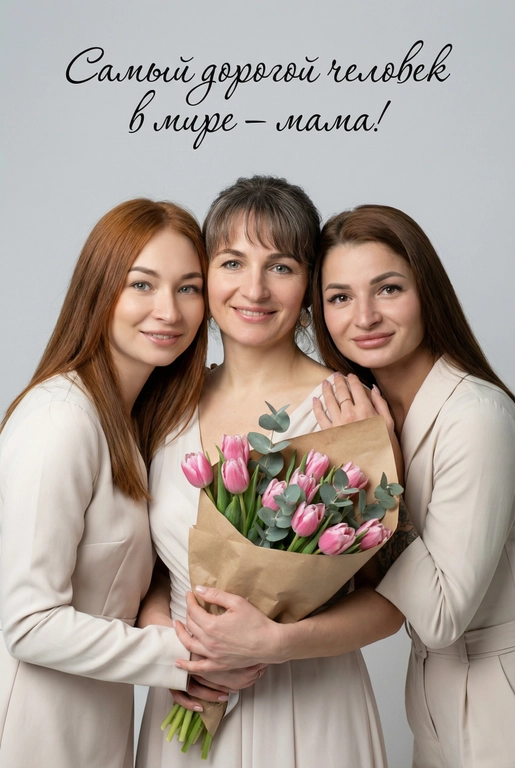 Создай трогательный кадр из профессиональной фотосессии в студии, где запечатлен момент близости матери и ее ребенка/детей. Дети могут быть как взрослыми так и детьми, в зависимости от предоставленных фото. Сделай так, чтобы все они смотрелись гармонично и трогательно. Мама одета в светлое платье. Ее дети/ребенок одеты в подходящую по стилю фотосессии. Освещение холодное. Фон светлый, бесшовный. Фото в стиле Энни Лейбовиц, четкий фокус. У мамы в руках букет розовых тюльпанов и эвкалипта в крафтовой бумаге. Люди смотрят в камеру с мягкой улыбкой. Наверху поверх фото красивым рукописным шрифтом с завитками написано:  Самый дорогой человек в мире – мама! Схожесть лиц 100%. На фото 3 человека.