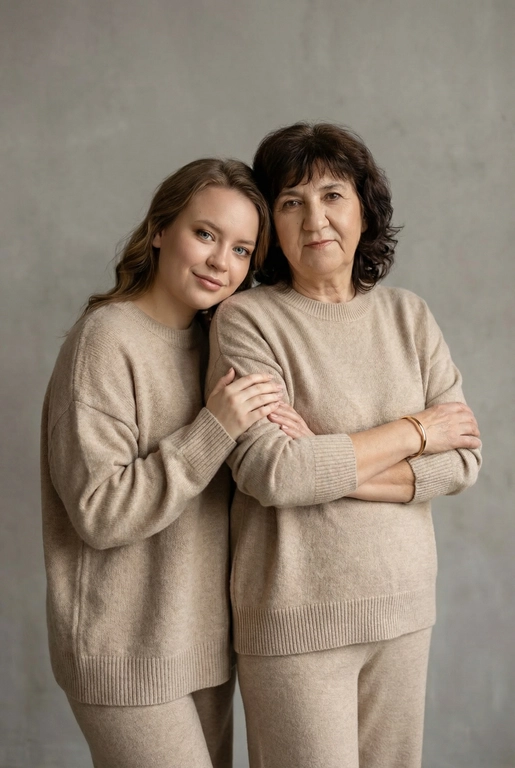 Используй эти два фото мамы и дочери и создай для них студийный портрет в чистом и элегантном стиле. Они стоят рядом, очень близко друг к другу. Дочь мягко обнимает маму за руку и слегка к ней прижимается со спины. Мама сложила руки перед грудью. Образ минималистичный, современный и стильный. На руке у матери тонкий золотой браслет. Профессиональный макияж и прическа.  Не менять черты лица ни на 1 процент. Фон — нейтральный серый с мягкой текстурой. Освещение рассеянное, мягкое, подчёркивающее естественные тона кожи. Атмосфера тёплая, нежная и спокойная, в стиле журнальной съёмки. Обе в свободных стильных бежевых свитерах и брюках.