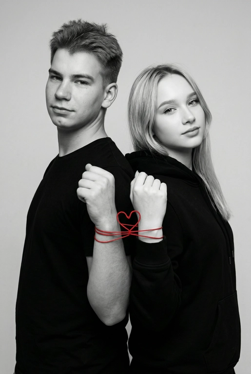 Фотореалистичный чёрно-белый студийный портрет пары, стоящей спина к спине, слегка повернувшись к камере. Оба в минималистичных чёрных образах (худи и футболка), с мягкими уверенными выражениями лица, естественный внешний вид. Тонкая красная нить, связанная вокруг их запястий, соединяет их и образует маленькое сердце между ними. Чистый светло-серый студийный фон, мягкое рассеянное освещение, высокая детализация текстуры кожи, резкий фокус, кинематографичная композиция, вертикальный формат 9:16, минималистичная эстетика, высокое разрешение, профессиональная фотография.