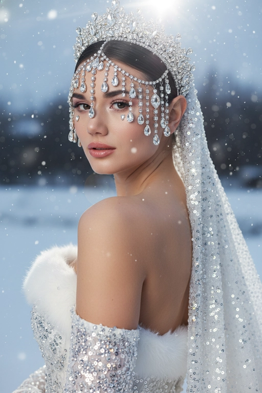 Черты лица и особенности внешности девушки должны быть точно воспроизведены с референсной фотографии. Создайте реалистичный портрет крупным планом (поза через плечо) в сверхвысоком студийном фото. Портрет женщины с аккуратными волосами и укладкой.  

**Наряд/Реквизит:** Сложнейший, тяжелый серебряный головной убор/корона со стразами, с крупными свисающими кристаллическими каплями, покрывающими лоб и виски, и подходящая, густо расшитая пайетками или стразами белая свадебная фата, закрепленная на ниже затылка. На ней белое платье без бретелек из такой же ткани, густо расшитое пайетками или стразами. По краю платья есть белая меховая окантовка. Открытые плечи, что предполагает платье без бретелек.

**Макияж:** Сияющая, чистая и увлажненная кожа. Нежные розовые тени для век, выразительные ресницы, лёгкий белый блик во внутренних уголках глаз и под ними, а также глянцевые, нежно-розовые губы. Два маленьких, светоотражающих каплевидных страза или блестящих элемента под внешним уголком каждого глаза.

Поза:** Взгляд через правое плечо в камеру мягким, но при этом пристальным и соблазнительным взглядом. Её обнажённые плечи и профиль замысловатого головного убора выделяются.

**Освещение:** Резкий, драматичный, контрастный свет сбоку/сзади (контурный свет), создающий яркий, интенсивный блик (блик объектива/эффект мерцания), который подчёркивает блеск и сверкание стразов и пайеток на слегка затенённом лице. 

**Фон:**
Зимний размытый фон со снежинками. **Камера:**
Снято на высококлассную среднеформатную камеру
(например, Hasselblad X2D 100C или Fujifilm GFX
100S) с макрообъективом 120 мм f/4, что обеспечивает исключительную четкость каждого страз, пайеток и текстуры кожи, широкий динамический диапазон и блестящий, модный редакционный результат. 

**Эффект:**
Подчеркивает исключительную роскошь, неземную красоту, резкий контраст и сверхдетализированный блеск.