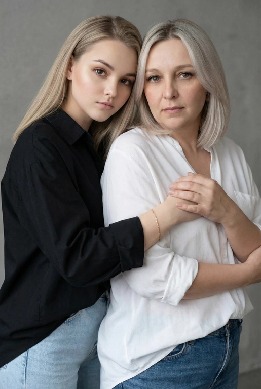 Используй эти два фото мамы и дочери и создай для них студийный портрет в чистом и элегантном стиле. Они стоят рядом, очень близко друг к другу. Дочь мягко обнимает маму за руку и слегка к ней прижимается со спины. Мама сложила руки перед грудью. Образ минималистичный, современный и стильный. На руке у матери тонкий золотой браслет. Профессиональный макияж и прическа.  Не менять черты лица ни на 1 процент. Фон — нейтральный серый с мягкой текстурой. Освещение рассеянное, мягкое, подчёркивающее естественные тона кожи. Атмосфера тёплая, нежная и спокойная, в стиле журнальной съёмки. 
Мама одета в свободную белую рубашку и джинсы телосложение полноватое ,дочь среднего телосложения одета в голубые джинсы и черную оверсайз рубашку,черты лица не изменены ,кадр крупным планом 