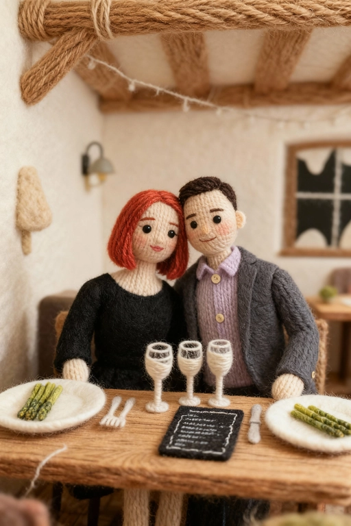 Используя загруженное изображение в качестве основы, создайте произведение искусства из ниток своими руками — диораму из пряжи и фетра. Макросъёмка, мягкий рассеянный свет, пастельная палитра, высокая детализация волокон и стежков, уютная, сказочная атмосфера и слегка уменьшенный масштаб, как в диораме. Если на фото изображены люди - изобрази их в стиле вязаных человечков с глазами-пуговицами.