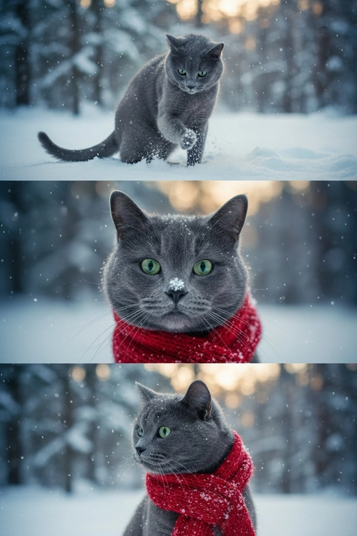     Коллаж из 3-Х фото моего питомца на зимнем фоне в снегу. Питомец в вязаном шарфе, вокруг падает снег, на заднем плане заснеженный лес.

Первый кадр — питомец в полный рост. Он играется со снегом 

Второй кадр — крупный план, увеличенный кадр мордочки питомца с одной снежинкой на носике. Мордочка питомца занимает весь кадр, взгляд прямо в камеру 
 
Третий кадр - портрет питомца, он смотрит в левую сторону. На фото виден шарф, на шарфу есть снежинки 

Три кадра объединены в вертикальный коллаж в едином тоне и свете. Атмосфера — реалистичная, теплая и немного кинематографичная.
Свет мягкий, утренний.  Цвет шарфа - красный 