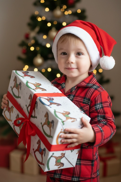 Используйте отправленную мной фотографию в качестве референса. Камера снимается немного выше уровня глаз, глядя прямо на модель, охватывая от середины груди и выше.  На изображении человек держит подарочную коробку  (размер 50х500х50 сантиметров) с крышкой, перевязанную красной лентой. На коробке нарисованные игрушечные лошадки. На фоне размытая рождественская или новогодняя елка. Лицо в три четверти (3/4), Модель в красной пижамной рубашке в клетку. Смотрит в камеру с легкой улыбкой, как будто предвкушая открыть свой подарок. 

Освещение выполнено по принципу софтбокса, но с более сильным, концентрированным основным светом для создания интенсивного свечения, сохраняя при этом мягкие тени, которые подчёркивают черты лица человека. 
Гиперреалистичная детализация, передающая каждый нюанс красоты, выражения лица и сложную текстуру волос, кожи и одежды. Атмосфера новогоднего праздника.  На голове у ребенка рождественский красный колпак с белым помпоном на конце, колпак надет почти на макушке, видны передние волосы  