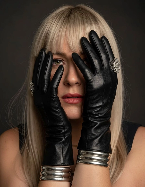 Модный портрет женщины, крупным планом,  в черных кожаных перчатках.  Руки частично заслоняют лицо. Перчатки создают интригующую композицию: одна рука закрывает часть лица, а другая лежит на противоположной стороне, тонко обрамляя нежные черты модели. Губы женщины видны, слегка приоткрыты, глаза открыты, голова слегка наклонена вперед. Несколько прядей волос свободно падают на ее лицо, добавляя ощущение движения. Текстура кожи очень детализирована, демонстрируя поры ее лица. Перчатки блестящие и плотно прилегающие, с тонкими, замысловатыми деталями. Серебрянные массивные кольца видны на пальцах, усиливая ощущение роскоши, а серебрянные браслеты обхватывают запястья. Мягкое, но драматичное освещение подчеркивает текстуру перчаток и кожи, создавая поразительный контраст на темном, мрачном фоне. Общая атмосфера интимная, элегантная и изысканная.
