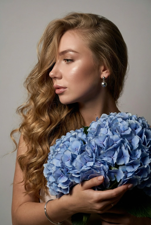 Создайте ультрареалистичный портрет, не меняя черты лица, крупным планом 3/4, с мягкой, освещённой кожей, атласной отделкой и естественным блеском, где женщина изображена в профиле. Спокойное и чувственное выражение лица, губы слегка полуоткрыты. Она носит серебряные серьги-шары и простой серебряный браслет на запястье.
Фон нейтральный, в светло-сером тоне, с тёмным, целенаправленным низким угловым освещением, которое подчёркивает контур лица, текстуру кожи и объём волос. Стиль редактирования — высокая мода, чёткий фокус 8K, реалистичная текстура, изысканная и элегантная атмосфера.


Длинные волнистые волосы покрывают часть лица объёмными локонами, выпадающими на лицо и плечо. 

Цветы: Держит в руках огромный букет голубых гортензий