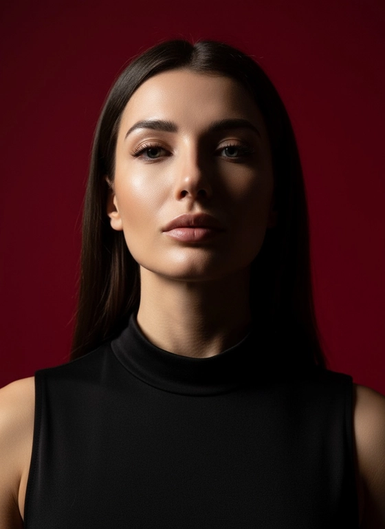 Создай портрет, используя те же черты лица (на основе загруженного фото), характеризующийся резким кинематографическим освещением и интенсивным контрастом. Снятый с немного нижнего ракурса, направленного вверх, что подчеркивает линию подбородка и шеи модели, этот портрет производит впечатление доминантности и скульптурной элегантности. Фон — глубокий, насыщенный малиново-красный, создающий яркий визуальный контраст со сияющей кожей модели и темной одеждой.