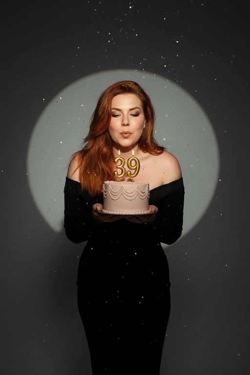 Фотореалистичный портрет женщины с точно таким же лицом, чертами, выражением и цветом волос, как на исходной фотографии - ничего не изменять. Атмосфера - день рождения: мягкий блеск свечи отражается на её лице, в воздухе лёгкие золотистые блёстки, создающие праздничное сияние. Фон темно-серый. Освещение студийное, контрастное, с кругом света на фоне, создающим выразительную тень. Волосы - волнистые, мягко подсвечены. Она немного стоит полубоком. Женщина держит в руках маленький праздничный торт, украшенным чёрными лентами и изящной цифрой из золотых свечей; Она сдувает свечу. Она одета в черное платье с спущенными плечами. Бежевый торт без декора. Свечки в виде цифр 39