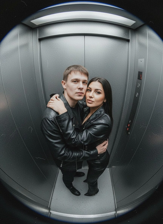 Используй предоставленные изображения и создай фото с двумя людьми в лифте с металлическими стенами. Цветовая гамма с преообладанием серых металлических оттенков. Кадр снят с максимально верхнего ракурса, люди будто заглядывают в камеру, их головы подняты наверх, взгляд в камеру. Легкий эффект fish eye. Реалистичное фото. Зернистость пленочного фото, насыщенные цвета, стиль фото y2k. Сохрани черты лица людей. Они обнимаются.
Поменять одежду на кожанную