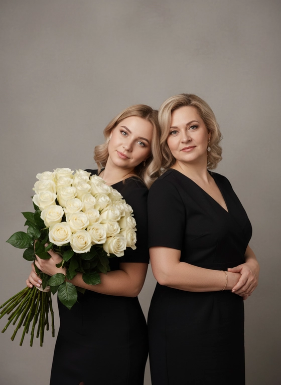 Студийный портрет мамы и дочери на сером фоне