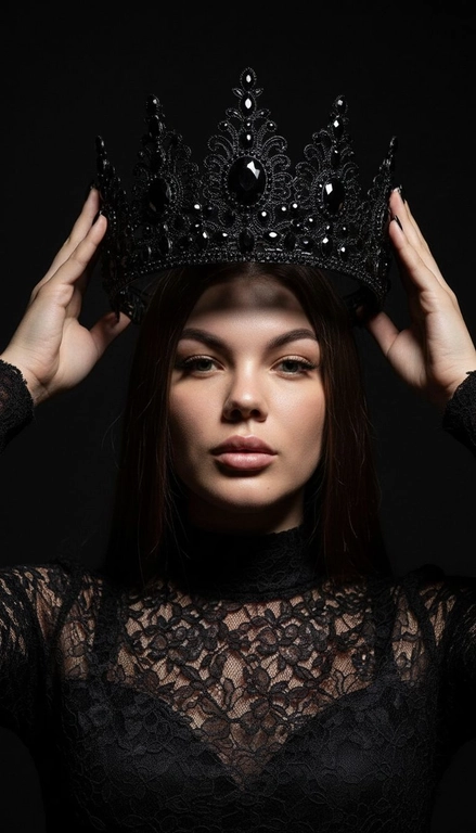 Модный портрет женщины крупным планом, стоящей прямо перед камерой, со слегка приподнятым подбородком. Она держит двумя руками почти над головой искусно выполненную корону с богатым филигранным орнаментом и крупными сверкающими драгоценными камнями. Корона находится в резком фокусе, отбрасывая тень на лицо. Освещение падает сверху, подчёркивая корону и создавая драматичный, контрастный эффект. Тёмная тень на лице усиливает ощущение таинственности и элегантности. Её платье – из тонкого чёрного кружева с высоким воротом. Фон темный, усиливая драматизм. Корона черного цвета.