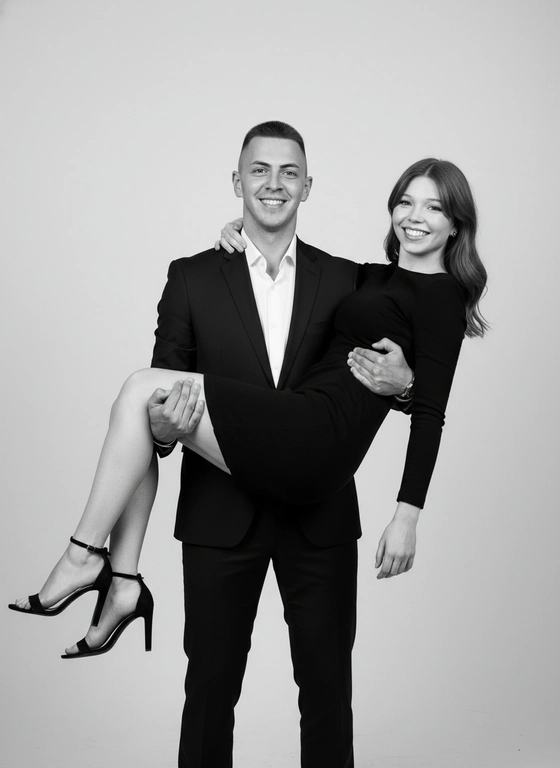 Чёрно-белое студийное фото, изображающее пару. Мужчина одет в классический тёмный костюм с пиджаком на одной пуговице и белой рубашкой с расстёгнутым воротником. На ногах тёмные брюки. На запястье - часы. На женщине надето облегающее короткое тёмное платье и чёрные босоножки на каблуке с тонкими ремешками.

Мужчина держит женщину на руках. Она наклонена, смотрит в камеру и улыбается. Он также смотрит в камеру с улыбкой.

Фон светлый, однотонный. Стиль фото - элегантный и непринужденный. Атмосфера радостная и романтическая.