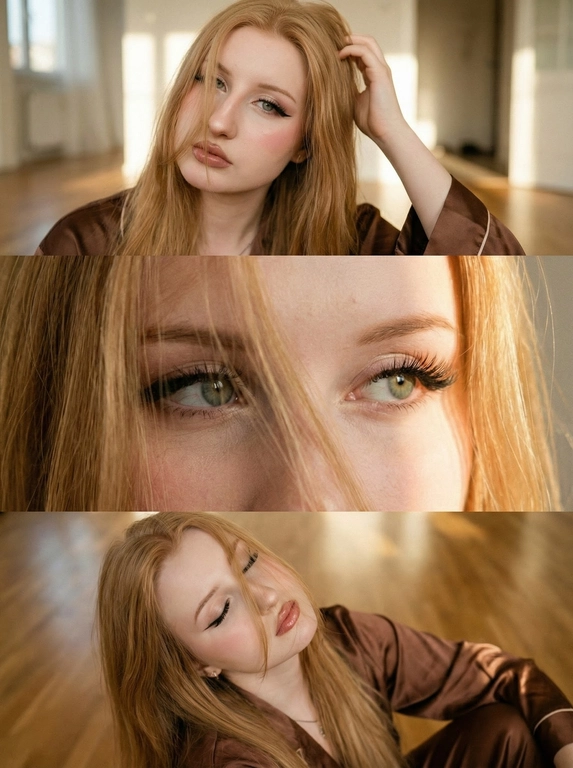   Не меняй черты лица, оставь их точь в точь как на загруженном фото, в том числе макияж и волосы.
Композиция из триптиха изображает женщину дома сидящей на полу деревянном  в золотой час 
На ней свободная коричневая атласная пижама кимоно. Фото по пояс 
На верхнем кадре портрет лица крупным планом, женщина сидит на деревянном полу смотрит в камеру лицо боком поправляя волосы На заднем плане светлая комната.
На центральном кадре близкий ракурс глаз той же девушки боком к камере 
На нижнем кадре портрет крупным планом изображена всё та же женщина, голова запрокинута назад глаза закрыты сидит на том же полу  
На всех кадрах её волосы падают на лицо закрывая часть 
Цветовая палитра приглушена
Общий стиль наводит на романтику. Присутствует видимая зернистость. На каждом кадре попадает солнечный свет
На каждом кадре кинематографический эффекта с добавлением зерна
Прическа везде одна