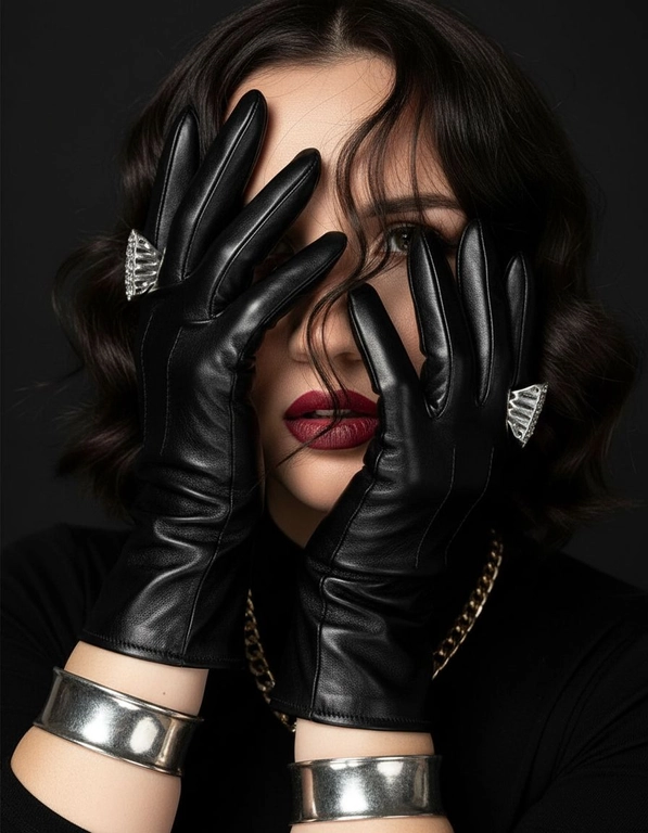 Модный портрет женщины, крупным планом,  в черных кожаных перчатках, они хаотично расположены на ее лице, частично заслоняя его. Перчатки создают интригующую композицию: одна рука закрывает часть лица, а другая лежит на противоположной стороне, тонко обрамляя нежные черты модели. Губы женщины видны, слегка приоткрыты, глаза открыты, голова слегка наклонена вперед. Несколько прядей волос свободно падают на ее лицо, добавляя ощущение движения. Текстура кожи очень детализирована, демонстрируя поры ее лица. Перчатки блестящие и плотно прилегающие, с тонкими, замысловатыми деталями. Серебрянные массивные кольца видны на пальцах, усиливая ощущение роскоши, а серебрянные браслеты обхватывают запястья. Мягкое, но драматичное освещение подчеркивает текстуру перчаток и кожи, создавая поразительный контраст на темном, мрачном фоне. Общая атмосфера интимная, элегантная и изысканная.