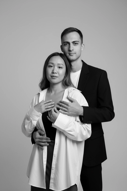 Черно-белый портрет мужчины и женщины в стиле фэшн фотосессии в фотостудии. Не изменяйте лица. Фон нейтральный, однотонный, светло-серый. Атмосфера интимная и спокойная. На переднем плане женщина. Вся композиция выполнена в приглушенной монохромной гамме со студийным освещением, которое подчеркивает текстуру кожи и одежды. Её руки лежат на груди мужчины. Мужчина обнимает женщину сзади, положив свою руку поверх её руки. Она одета в черный топ, белую оверсайз рубашку. Мужчина одет в  классическом черном пиджаке и белой футболке.
