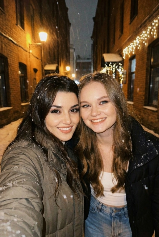 Спонтанное POV селфи людей на переднюю камеру iphone с близкого расстояния, глядя прямо в камеру. Сам телефон не виден. Ночь, зима, переулок в Москве. Фото темное, смазанное и реалистичное. Селфи с Ханде Эрчел