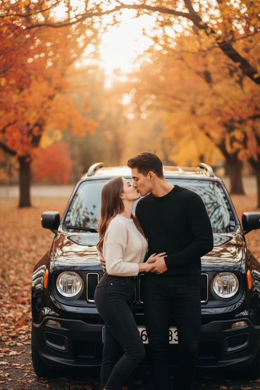 Используй предоставленные изображения и создай фото, где мужчина и женщина стоят, облокотившись на капот автомобиля и целуются. Атмосфера романтичная, осенняя. Средний план людей. Не меняй внешность людей. Машина и люди занимают почти весь кадр. Автомобиль - черный Jeep Renegade
