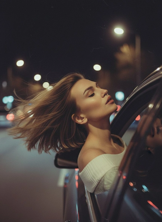 Создайте фото, где я высунула голову из окна машины в тёмную, мечтательную, размытую, винтажную ветреную ночь, в белом трикотажном топе с открытыми плечами. ракурс боковой. Голова чутка откинута назад. Машина в движении.  Выражение лица мечтательное, губы немного приоткрыты. Волосы развеваются в движении. Сохраните детали лица в точности. Пожалуйста, не изменяйте черты лица и оставь таким, какое оно есть.