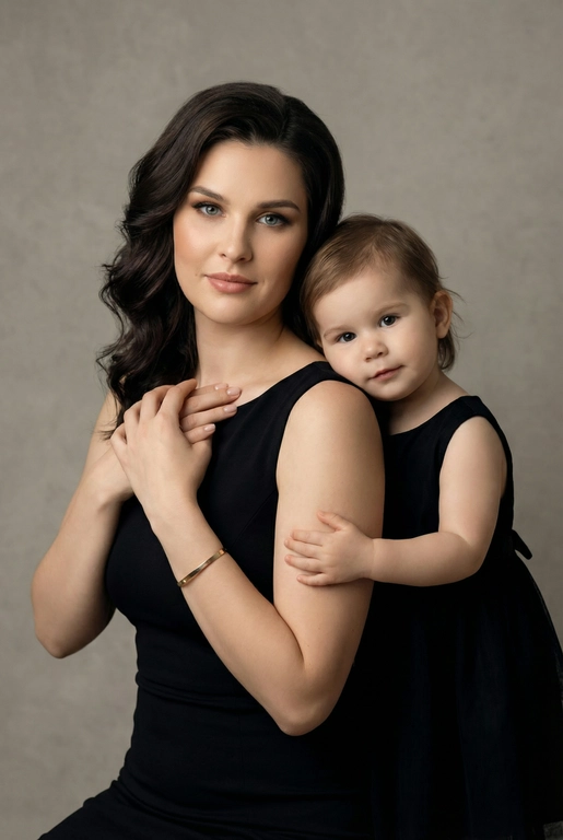 Используй эти два фото мамы и дочери и создай для них студийный портрет в чистом и элегантном стиле. Они стоят рядом, очень близко друг к другу. Дочь мягко обнимает маму за руку и слегка к ней прижимается со спины. Мама сложила руки перед грудью. Образ минималистичный, современный и стильный. На руке у матери тонкий золотой браслет. Профессиональный макияж и прическа.  Не менять черты лица ни на 1 процент. Фон — нейтральный серый с мягкой текстурой. Освещение рассеянное, мягкое, подчёркивающее естественные тона кожи. Атмосфера тёплая, нежная и спокойная, в стиле журнальной съёмки. Обе в приталенном черном платье у мамы красивая прическа и макияж