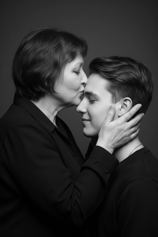 Профессиональное студийное фото, чёрно-белый крупный портрет взрослой женщины и второго человека (это ее сын или дочь). Камера очень близко, объектив 85mm, f/2.0, малая глубина резкости, фокус на ресницах младшего. Боковой ракурс 3/4 слева: старшая выше, в профиль, целует младшего в центр лба. Её обе руки обрамляют лицо младшего, пальцы по бокам щёк, большие под ушами. Младший тоже в профиль с лёгкой улыбкой и закрытыми глазами. Гладкий тёмный фон, мягкий свет слева под 45°, глубокие тени, высокий контраст, реалистичная текстура кожи, отсутствие шума, качество как у профессионального фотографа. Лица должны быть полностью узнаваемыми, соответствовать исходным референсам без искажений, без изменения пропорций и черт.