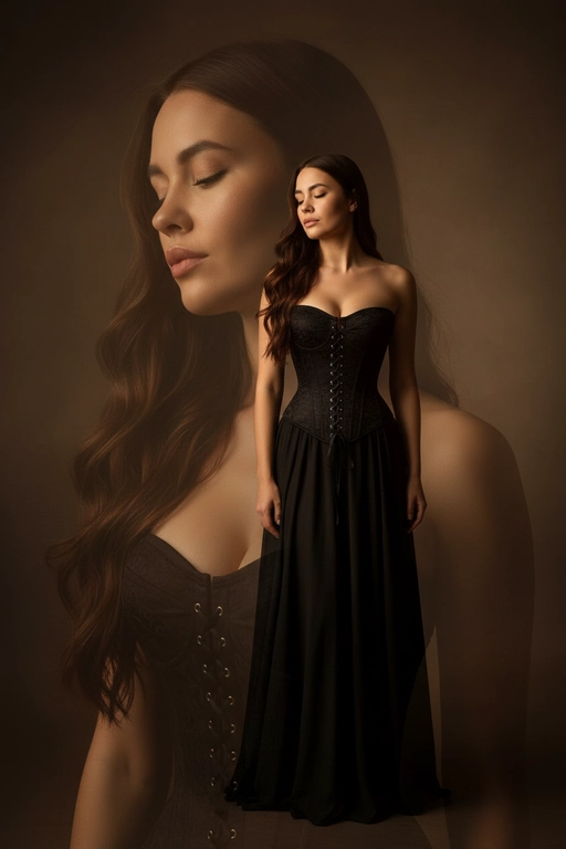 Реалистичный портрет красивой женщины, вдохновлённый референсной фотографией, волосы с легкой укладкой, элегантное чёрное платье с корсетными деталями, мягкое кинематографическое освещение, чувственная поза с закрытыми глазами, дымчатый фон, композиция с двойной экспозицией (крупный план лица сзади, портрет в полный рост спереди), высококачественная студийная фотография, богатый контраст, тонкая текстура кожи, реалистичные тени и блики, художественная глубина резкости, фотореалистичный стиль