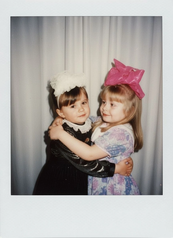 Take a picture with a Polaroid camera. the photo should look like a normal photo, without any clear subject or props. The photo should have a consistent light source such as a flash from a dark room, spread throughout the photo. Do not change the faces. Replace the background behind the two people with a white curtain. Люди на фото обнимаются.