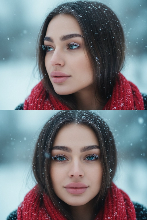 Создай коллаж из двух кадров человека, снятых крупным планом на улице зимой. Камера расположена близко, чтобы в кадре были видны лицо, шея и часть одежды. Главный акцент — на лице, глазах и снежинках, которые легли на волосы и ресницы.

Освещение мягкое, естественное, как в пасмурный зимний день. Вокруг падает лёгкий снег, отдельные снежинки чётко видны в воздухе и на коже. Фон — мягко размытый, с холодными оттенками (бело-голубой, серо-синий).

Первый кадр — человек смотрит в сторону, выражение мягкое, задумчивое, естественное. Крупный план лица, видно часть красного шарфа.
Второй кадр — прямой взгляд в камеру, нейтральное или лёгкое выражение лица, ресницы в снегу. Крупный план лица, видно часть красного шарфа.

Кожа чистая и естественная, без ретуши, текстура лица и губ сохранена. Фото выглядят как профессиональная зимняя портретная съёмка крупным планом, с эффектом свежести и спокойствия.

Оба кадра объединены в вертикальный коллаж в едином тоне и свете. Атмосфера — реалистичная, теплая и немного кинематографичная.