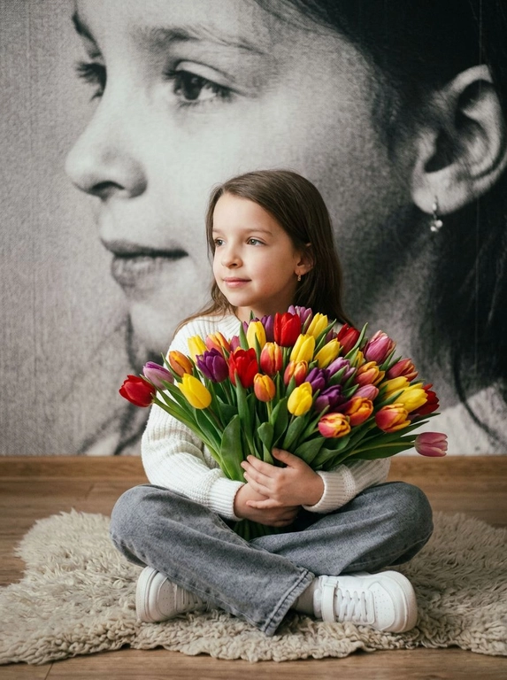 Создай портрет, не меняя черты лица, и превратите его в художественный портрет.
Ребенок сидит на полу в изящной позе, в белой кофте, мягких свободных серых джинсах и белых спортивных кроссовках. Ребенок держит в руках огромный букет ярких разноцветных тюльпанов.
Выражение лица — лёгкая улыбка, ребенок смотрит в сторону. 
Фон — тот же его профиль, в мягком крупном чёрно-белом художественном стиле, крупный план сбоку.
Композиция должна быть художественной, мягкой, реалистичной.
Создай изображение, которое выглядит как настоящая фотография. 
Не меняй черты лица.