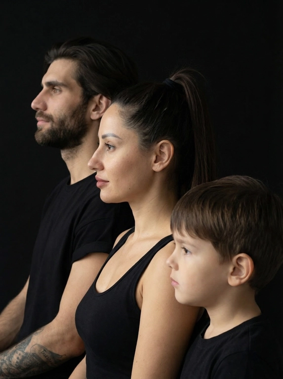 Профессиональный студийный портрет с низким контрастным светом. Головы расположены строго в одну линию. боковой профиль, взгляд влево. У всех видны только головы и немного плечи. Головы занимают весь кадр. Черный фон. Черная одежда у всех. Расположи их по убыванию возраста.