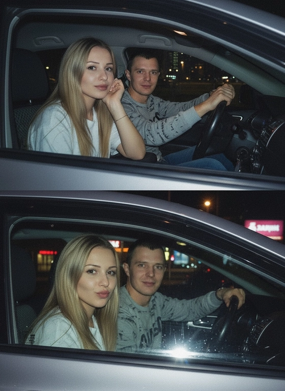 Используй предоставленные изображения и создай коллаж из двух фото, одно под другим. Первое фото сверху: Ночное фото в салоне автомобиля: мужчина за рулем смотрит вперед, его рука с часами на руке. Женщина на пассажирском сиденье, слушает его подперев щеку рукой. Съемка в стиле папарацци с эффектом зернистой пленки, атмосфера интимная. Второе фото: Девушка и парень смотрят в камеру Ночное фото папарацци крупным планом: мужчина за рулём и женщина на пассажирском сиденье смотрят в камеру. Женщина с ухмылкой и губами бантиком, мужчина слегка улыбается, положив руку на руль. Съёмка через пассажирское окно, сочетание ночного света и вспышки, эффект зернистой плёнки.