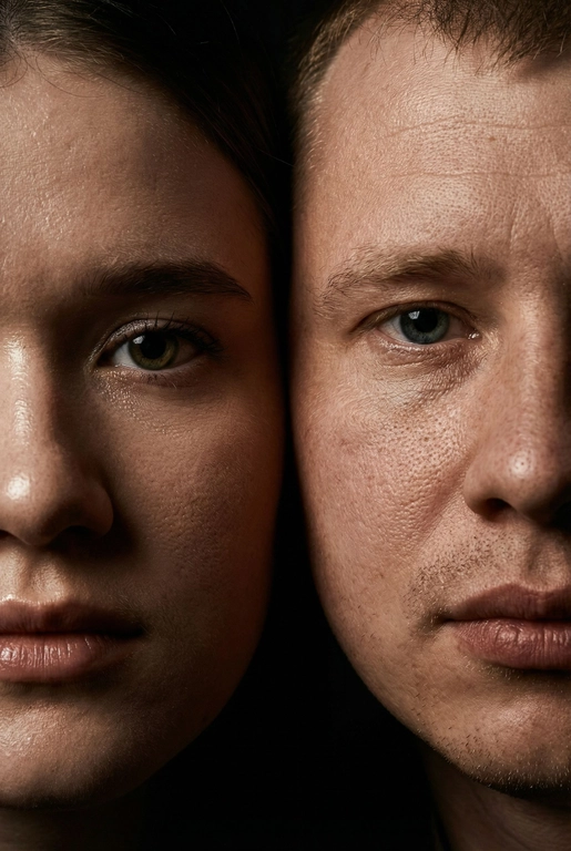   создай портрет, не меняя черты лица. Крупный план (extreme close-up) двух лиц людей, их лица прижатых друг к другу. Видны только половины каждого лица.
Драматичное освещение в стиле чиароскуро, глубокие тени.
Невероятная детализация кожи: видны поры, текстура, естественный блеск у женщины.
Выразительный взгляд прямо в камеру. Высокое разрешение, макросъемка, профессиональное студийное фото, 8K.