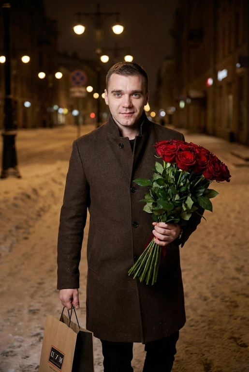 Не меняй черты лица. Мужчина в темно коричневом шерстяном пальто, идет по заснеженной улице ночью, в руке несет огромный букет красных роз с зелёной листвой, в другой руке пакет с надписью «ЦУМ». Взгляд его сосредоточен, выражая уверенность и спокойствие и у него легкая улыбка. Вспышка выделяет его лицо и аксессуары, создавая игру света и тени, подчеркивая контуры лица и верхней одежды. В фоне видно заснеженное городское пространство, приглушённые огни уличных фонарей и пустые улицы, добавляющие ощущение уединения и стиля. Съёмка выполнена на 85mm f/1.4, фокус на лице и аксессуарах.

