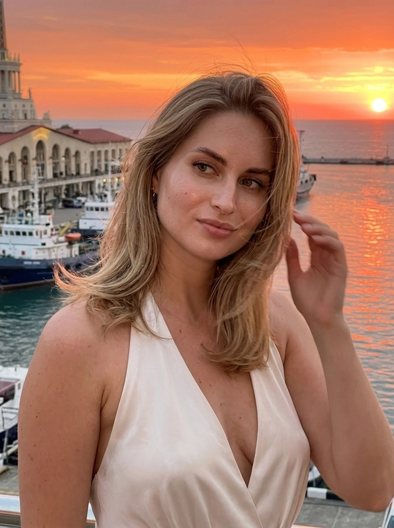 Создай ультрареалистичное изображение в момент глубокого заката. Женщина стоит прямо перед камерой, её взгляд направлен влево, на лице лёгкая улыбка. Голова слегка наклонена к плечу. Правая рука размыта в движении, женщина поправляет волосы у лица. 

Кожа слегка загорелая, с ровным тоном и эффектом влажного сияния. Брови уложены ламинированием. Ресницы густые, пышные, наращённые, с лисьим эффектом. 

На заднем плане морской порт города Сочи, море и здание морского вокзала. Фон не размывай. Вдали море и небо переливаются яркими цветами: огненно-оранжевым, красным и жёлтым у горизонта.

Закатное освещение подчёркивает естественное сияние кожи без резких теней и создаёт тёплую, интимную атмосферу. Фото без вспышки.

Фотореализм, фото снято на Canon G7 X. Нет идеальной симметрии, видна натуральная текстура кожи и поры. RAW photo, плёночное зерно, лёгкая зернистость, без постановочного ощущения. 

Какая будет прическа?: Стрижка каскадная, со слоистой формой, волосы уложены на круглую расчёску, концы мягко подкручены внутрь, без волн. Волосы слегка падают на лицо и раздуваются ветром в одну сторону.

Какая будет одежда?: Длинное шёлковое платье молочного цвета с глубоким вырезом и одной лямкой вокруг шеи. Платье мягко облегает талию, свободно ниспадает по фигуре и красиво отражает тёплый закатный свет. Ткань гладкая, струящаяся, с естественными складками и дорогим сатиновым блеском.

Доп. характеристики: Волосы блонд