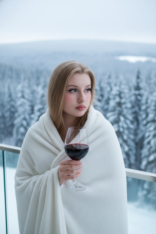 Профессиональная фотография потрясающей женщины в стиле fashion lifestyle со сверхвысоким разрешением, возьмите за основу прилагаемую фотографию и максимально сохраните все черты лица, сохранив точные черты лица, цвет глаз, волос и тон кожи, завернутые в толстое белое пушистое одеяло, с бокалом красного вина в руках. вино, задумчиво смотрящий в сторону с поджатыми губами, на современном стеклянном балконе с видом на густой заснеженный еловый лес зимой, мягкий естественный рассеянный дневной свет с прохладными тенями, портрет крупным планом, снятый от груди и выше под небольшим углом, безмятежная уютная романтическая атмосфера, холодные бело-голубые снежные тона с теплыми акцент на красном вине, небольшая глубина резкости, четкий фокус на лице и бокале, фон в стиле боке, редакционный снимок красоты, 8K, сверхдетализированная, профессиональная фотография.