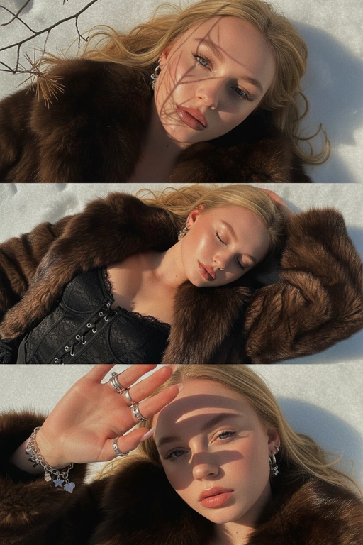 Создай не меняя черты лица.Макияж: яркий в стиле Y2K - длинные натуральные ресницы,приподнятые брови,  контур и румяна, свечение хайлайтера, глянцевые нюдовые губы. Ногти: средней длинны в стиле baby boomer.
﻿﻿Ювелирные изделия: подходящие серьги + несколько колец + браслет с подвесками. Композиция в три части в стиле Y2K: Верхний кадр:
﻿﻿крупный план её глаз и верхней части лица, она лежит на снегу,солнечный свет создаёт резкие тени от деревьев/ ветвей. Средний кадр - она лежит на снегу, в шубе, под ней корсет, глаза закрыты, лёгкая улыбка. Нижний кадр - крупный план, она смотрит прямо в камеру, одна рука закрывает солнце, тени полосами на её лице. Она лежит на снегу.Общая эстетика Y2K: тёплые тона, золотистый оттенок, мягкая зернистость, повышенный контраст, лёгкий виньетирование, ностальгическое, мечтательное настроение. Цвет шубы - темно-коричневый, под мех норки, цвет корсета - черный, кружевной.