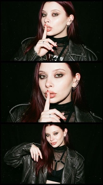 Ultra-realistic Y2K grunge fashion photo triptych, ONE image with 3 horizontal frames stacked vertically. Same woman, same outfit, same black background, photographed seconds apart.

Glossy nude-pink lips, slightly parted. Silver hoop/ear cuff. Oversized black leather jacket with strong shoulders and realistic textured leather. Underneath, semi-sheer black turtleneck top with horizontal strap details across the chest.

Long almond-shaped nails with nude base and sharp red French tips. Massive silver ring with dark stones.

FRAME 1: Medium close-up, body slightly turned, one hand raised to her face, index finger pressed vertically against her lips in a playful "shh" gesture. Head slightly tilted, lips slightly parted, confident expression.

FRAME 2: Closer portrait, finger still near lips, head turned slightly toward camera, glossy lips catching the flash. Leather jacket texture clearly visible.

FRAME 3: Slightly wider frame, body angled differently, hand lowering slightly from the face while maintaining the same bold attitude.

LIGHTING & STYLE: hard direct on-camera flash, strong glossy highlights on lips, skin and leather, deep black background, dramatic shadows, high contrast, subtle film grain, slight analog texture, muted dark colors, authentic late-1990s / early-2000s grunge fashion editorial.

Raw flash photography, disposable-camera / compact-camera feel, slightly imperfect exposure, subtle grain and softness, realistic skin pores and texture.

The result should feel like a rare Y2K fashion photo from an old magazine/editorial archive, edgy, cool, mysterious and effortlessly confident, not modern polished fashion photography.

Realistic anatomy, natural hands and fingers, accurate jewelry, realistic leather and fabric textures.

Очки: Огромные черные солнцезащитные очки-щитки с массивной оправой, полностью закрывающей глаза. Глубокие черные линзы и глянцевая черная оправа создают яркий футуристический образ в стиле 2000-х. Очки отражают яркий свет от прямой вспышки камеры и идеально вписываются в редакционный стиль гранжа конца 1990-х — начала 2000-х.