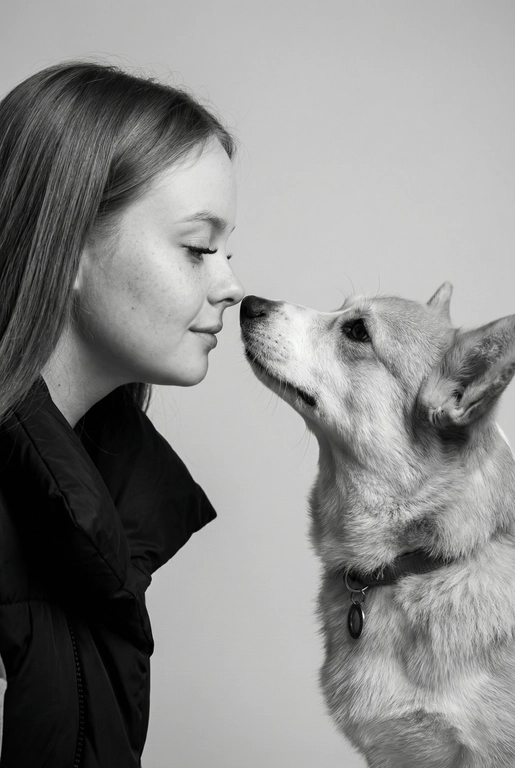 Сделай фото со мной и моим питомцем. Реалистичное фото, с высокой детализацией. Снимок меня и моего питомца в профиль. Фото сделано первым средним планом (Medium CloseUP), в кадре видно часть туловища (с головы до середины груди).
Я стою лицом к своему питомцу в строгий профиль, смотрю прямо на него.
Мой питомец расположен прямо напротив моего лица, также в профиль, смотрит прямо на меня. Наши носы почти соприкасаются. Наши головы могут быть наклонены: например, моя голова наклонена немного вниз, а голова питомца наоборот повыше. Четкая визуальная симметрия между моем лицом и головой моего питомца.
Студийное освещение, мягкий свет, создающий контрастность и скульптурные тени, на самом лице минимум тени. 
 Я и питомец с любовью смотрим друг на друга. Черно-белая фотография. Фон светлый, нейтральный. 