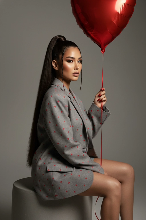 Ультрареалистичное 8K изображение женщины в сером oversize пиджаке в мелкое красное сердечко, сидящей на круглом пьедестале. Она сидит, поджав одну ногу. Пиджак драпируется по ее телу, Фон нейтральный серый, создающий контраст с ее ярким обликом. Стиль: мода с акцентом на силу и женственность. В руке она держит фольгированный красный большой гелевый шар в видео сердца на красной ленте за которую она держит. Освещение студийное, подчеркивающее ее лицо и силуэт, создавая тени, которые акцентируют внимание на линии тела и текстуре пиджака. Фото по пояс. Кожа сияет, губы розовые матовые, ногти красные короткие.
Стиль vogue. Волосы собраны в высокий длинный хвост, спереди две прядки