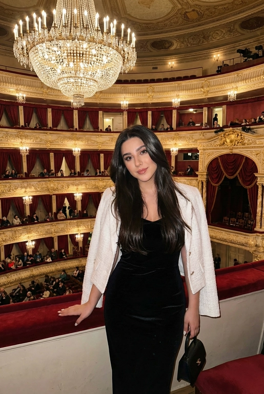 Я стою в ложе Большого театра, на рядов лож и большой хрустальной люстры. В ложах сидят люди, висят красные бархатные занавески. Камера на уровне глаз.  Съёмка выглядит как фото, сделанное на iPhone: естественный свет, лёгкое зерно, минимальная обработка, живой момент без позирования. Взгляд в камеру, легкая улыбка. Голова немного наклонена вбок. Волосы сияют, макияж естественный, губы глянцевые. Одна рука лежит на бортике ложа, во второй - маленькая черная сумочка. Приглушенный свет. На мне чёрное бархатное вечернее платье без рукавов по фигуре и белый жакет в стиле Channel. 