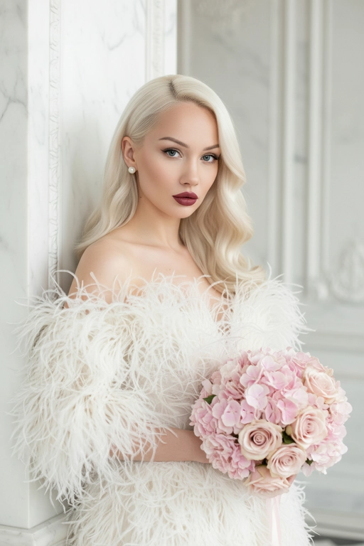 Создай крупный плечевой портрет, не меняя черты лица.Детальный крупный портрет элегантной женщины в эффектном, роскошном, модном платье. Женщина с волнистыми волосами. Одежда представляет собой объемное творение кутюр, полностью сделанное из больших, текстурированных, кремово-белых перьев, уложенного с открытыми плечами, чтобы обнажить декольте  Женщина стоит в динамичной, чувственной позе, прислонившись к белой классическому архитектурной стене. На ней серьги-гвоздики жемчужные . На заднем плане представлен грандиозный, классический интерьер/экстерьер - ярко-белая мраморная или лепная стена. Редакционное освещение, мягкое и рассеянное, подчеркивающее текстуру перьев и кожи.в руках букет. Высокое разрешение, сверхдетализация, модная фотография Букет из пудрово-розовых гортензий и роз