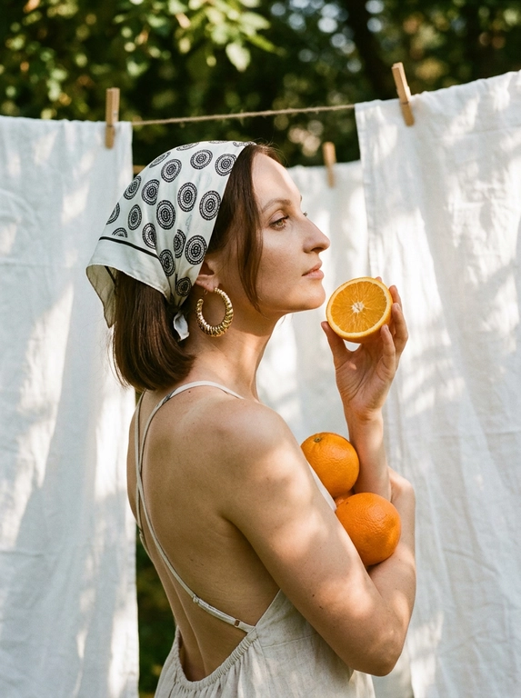 Transfer the face from the photo identically. Shoulder-up side profile portrait outdoors next to white linen sheets hanging on a clothesline with wooden clothespins. The woman wears a light summer dress with thin straps and an elegant open back revealing the shoulders. Her head is wrapped in a white headscarf with a small repeating circular black print tied behind the head. Large textured gold hoop earrings.Pose with chin slightly lifted while holding a half orange near the face and two whole oranges resting against the shoulder and chest.Natural sunlight filtered through tree leaves creates soft dappled shadows on the skin and fabric.Warm vintage analog film color grading with slightly muted greens and rich citrus orange tones, subtle film grain, gentle softness and highlight bloom, shallow depth of field, cinematic lifestyle photography.