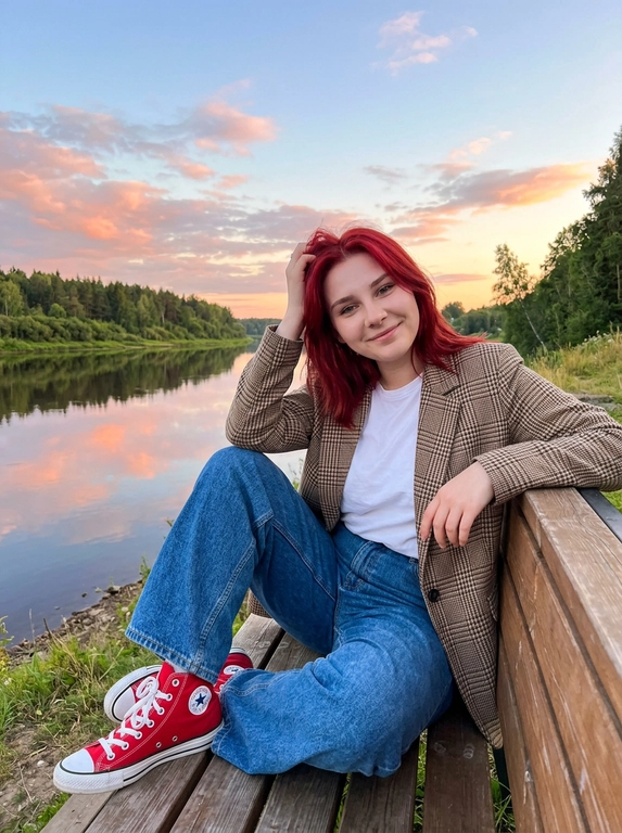 Портретная фотография на природе во время заката. Женщина сидит на деревянной скамейке со спинкой у берега спокойного водоема или реки. На заднем плане виден лесистый берег, а небо с облаками отражается в воде. Атмосфера кадра тихая, спокойная и умиротворенная. Цветовая гамма теплая и мягкая, с сочетанием голубых, розовых и оранжевых оттенков закатного неба.
На женщине белая футболка, голубые широкие оверсайз джинсы и бордовые кеды  Converse Chuck Taylor All Star OX с белыми шнурками. Поверх футболки накинут пиджак в клетку коричнево-бежевых тонов. Образ выглядит повседневно, естественно и расслабленно.
Поза непринужденная: женщина сидит на скамейке полулежа, слегка облокотившись на спинку. Одна рука поднята к голове, будто она поправляет волосы или просто касается виска в естественном жесте. Взгляд направлен прямо в камеру. Кадр передает ощущение уюта, тишины и вечернего покоя. Реалистичная фотография, мягкий естественный свет, живая атмосфера, натуральные цвета, спокойное lifestyle-настроение.