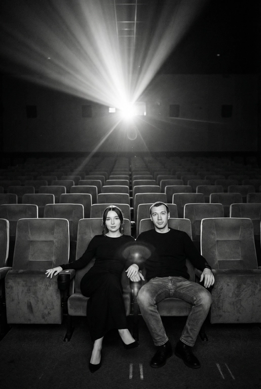  Кинематографичный чёрно-белый портрет пары в пустом кинозале.
Женщина и мужчина сидят рядом в мягких креслах кинотеатра.
кадр с глубоким пространством и пустыми рядами кресел позади них. Женщина черном длинном обтягивающем платье, поза женственная и спокойная, одна рука на подлокотнике.
Мужчина в черном свитере и в джинсах, сидит расслабленно.
Над ними яркий луч проектора, и выразительные блики.

