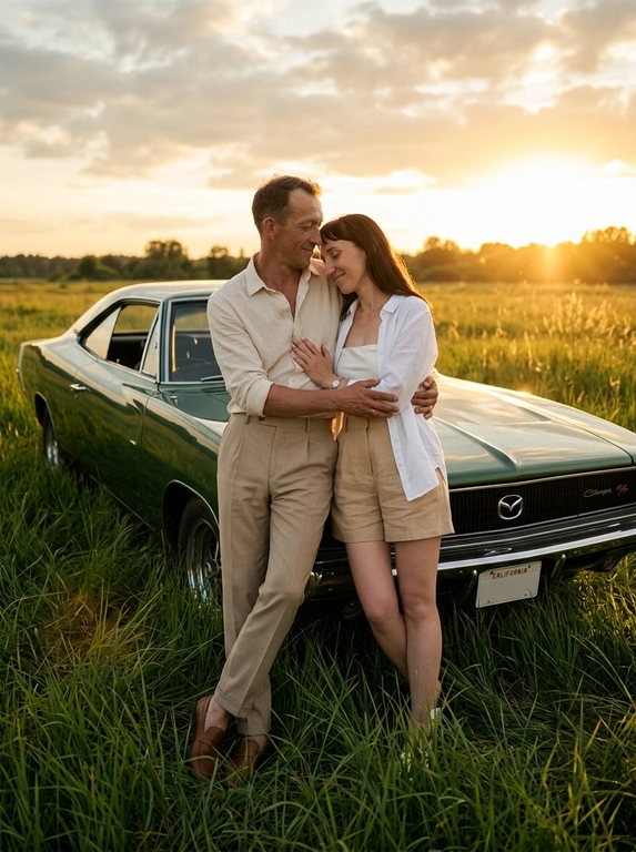 Фотореалистичная lifestyle-фотография пары на природе в эстетике luxury editorial с лёгким вайбом old money. Мужчина и женщина стоят у передней части автомобиля, припаркованного в высокой траве на открытом поле. Сохранить позу, ракурс и композицию как на референсе: автомобиль стоит под углом 3/4 к камере, хорошо видна передняя часть кузова и боковая линия, пара стоит вплотную у переднего крыла и капота.

Мужчина слегка опирается спиной и бедром о переднюю часть автомобиля, корпус расслаблен, одна нога опорная, вторая слегка согнута и выставлена вперёд. Он обнимает женщину обеими руками за талию и спину, мягко прижимая к себе. Голова слегка опущена и наклонена к женщине, взгляд направлен на неё.

Женщина стоит вплотную к мужчине, корпус слегка развёрнут к нему и мягко прижат. Голова слегка наклонена к мужчине и почти касается его груди или подбородка. Поза близкая, спокойная и романтичная. Положение пары должно быть максимально похоже на референс: тесный телесный контакт, объятие у передней части машины, расслабленная естественная стойка.

На мужчине дорогой образ в стиле quiet luxury и soft old money: свободная рубашка из премиального льна или тонкого хлопка в светлом благородном оттенке, с мягкой фактурой и небрежно закатанными рукавами, верхние пуговицы слегка расстёгнуты. Светлые прямые брюки с защипами из дорогой летней ткани, идеальная расслабленная посадка. На ногах минималистичные кожаные лоферы или замшевые мокасины. Образ выглядит сдержанно, статусно и очень дорого.

На женщине дорогой летний образ в эстетике old money casual: белая свободная рубашка из тонкого льна, небрежно накинутая и слегка расстёгнутая, под ней лаконичный облегающий топ-бандо или минималистичный корсетный верх. Снизу — светлые структурные мини-шорты или короткие tailored shorts с высокой посадкой из плотной премиальной ткани. Образ дополняют изящные украшения и дорогой расслабленный силуэт. Одежда выглядит премиально, естественно и очень стильно, без лишней вычурности.

Съёмка проходит на открытом поле с высокой зелёной травой. Время суток — золотой час на закате. Солнце низко у горизонта справа в кадре и создаёт тёплое золотисто-оранжевое свечение. Свет мягко подсвечивает фигуры, волосы, траву и кузов автомобиля. Небо частично покрыто облаками.

Камера расположена на уровне глаз или чуть ниже, ракурс фронтальный, слегка смещён влево, как на референсе. Средний вертикальный кадр. В кадре видны пара почти в полный рост, передняя часть автомобиля, высокая трава и закат на заднем плане.

Тёплая благородная цветовая палитра: золотой закатный свет, натуральные тона кожи, мягкая зелень травы, светлые дорогие оттенки одежды, мягкие тени и премиальные отражения на кузове. Атмосфера спокойная, уединённая, романтичная и кинематографичная. Стиль максимально реалистичный: luxury lifestyle, quiet luxury, soft old money mood, romantic sunset couple portrait, high detail, authentic natural moment, Pinterest luxury aesthetic, ultra realistic.

Какой будет автомобиль?: Mazda charger