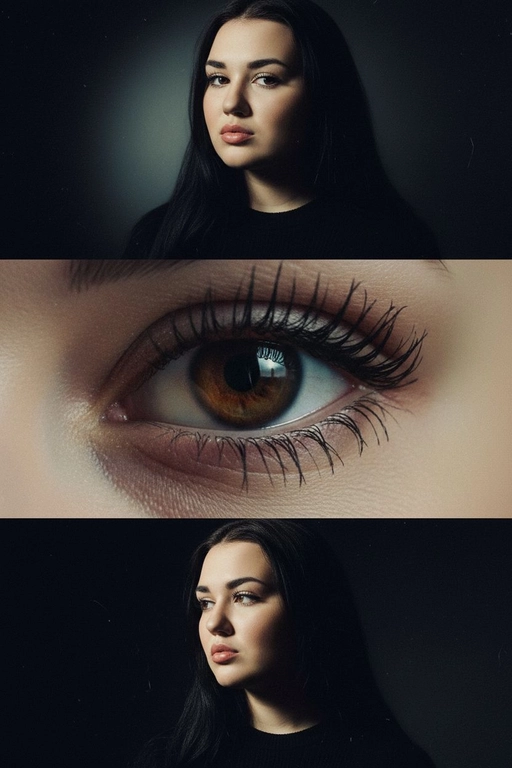 Создай коллаже из 3-х кадров на основе внешности человека на фото. Верхний кадр: человек смотрит в камеру с лёгким наклоном головы. Один глаз в свете, другой в тени — эффект таинственности. Чёрная одежда усиливает драму. Тёмный фон с мягким светом , подчёркивает лицо. 
Центральный кадр (глаз): крупный супер чёткий план её глаза - ресницы, радужка, отражения. Взгляд прямой и глубокий. Фон полностью чёрный. 
Нижний кадр: интенсивный уверенный взгляд человека влево, голова тоже повернута влево. Чёрная одежда, тёмный фон. Жесткий боковой свет, подчёркивающий контуры лица и создающий драматичные тени. Стиль: raw, винтажная плёночная зернистость, драматизм.