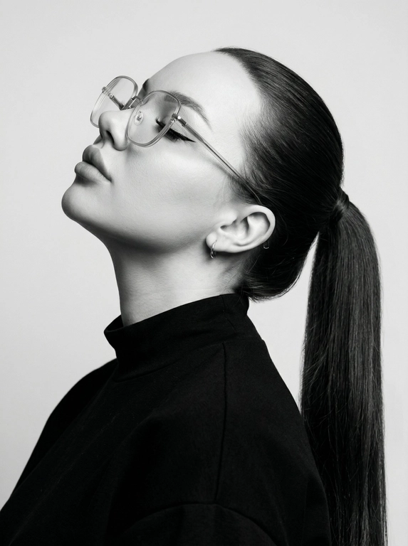 Чёрно-белый минималистичный фотореалистичный портрет, студийный мягкий свет спереди‑сверху, нейтральная светлая однотонная стена как фон. Девушка в профиль: голова запрокинута назад, подбородок поднят, глаза закрыты — расслабленная fashion-поза с акцентом на линии шеи и контуры лица. Обязательно точно сохранить черты лица с референс-фото (без искажений); крупные квадратные очки в массивной полу-прозрачной оправе с естественными бликами. Детали лица: длинные ресницы и чёткие стрелки, выразительные губы, естественная текстура кожи, аккуратный ретуш. Одежда: тёмный объёмный верх с выразительным воротником, маленькая серьга-кольцо. Стиль: высокая графичность и контраст, чистые линии, лёгкая драматичность, максимальная детализация и фотореализм, аккуратные светотеневые переходы, подчёркнутые контуры.

Какая будет прическа?: Гладкие волосы, высокий длинный густой хвост.