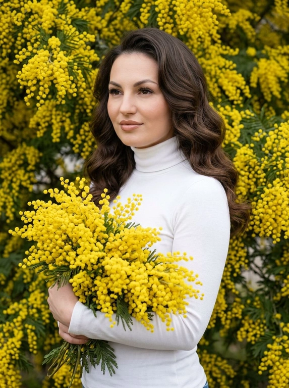 Сохранить внешность на 100%. вертикальный формат 9:16, крупный план от верхней части бёдер/талии до макушки. модель занимает почти весь кадр. Фон - цветущее дерево мимозы. Макияж - накладные ресницы (эффект лучики), легкий контуринг, на губах нюдовая помада с блеском, легкий румянец. Поза: Тело развернуто в лёгкие три четверти, Голова слегка повернута в сторону (влево), взгляд направлен в сторону, не в камеру. Выражение спокойное, уверенное, чувственное, с легкой полуулыбкой. Она держит в руках огромный букет мимозы, пышный, свежий, прижимает к груди. Одежда: белая водолазка подчеркивающая фигуру. Видно только по пояс.

Какая будет прическа?: Объемные волны в стиле old money, волосы ровно спадают по обеим сторонам плечей.