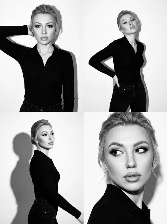 Коллаж ч/б, коллаж 2×2 из 4 ультрареалистичных фото. Стиль: ч/б, high contrast, эстетика плёнки 90-х (Pentax K1000 + Kodak Tri-X 400), заметное film grain. Свет: жёсткий студийный flash, чёткая тень на белой стене. Локация: минималистичная студия, белый фон. Модель: та же женщина (внешность не менять). Одежда: чёрный облегающий лонгслив-поло + чёрные джинсы. Макияж: matte sculpted — контуринг, пухлые губы с карандашом, густые ресницы, высокая детализация лица. Кадры: 1. верх-лево — портрет по грудь, рука за головой, прямой уверенный взгляд (Vogue 1995 vibe). 2. верх-право — план по бёдра, руки на талии, изогнутый корпус, голова назад или вбок, half-closed eyes. 3. низ-лево — полупрофиль в движении, разворот головы и корпуса, dreamy взгляд в сторону, тень профиля. 4. низ-право — close-up, голова к плечу, игривый взгляд исподлобья, фокус на глазах и губах. Не менять лицо и цвет волос. Фото сделано на iPhone 17 Pro Max со вспышкой.


Какая будет прическа?: Не изменять мою прическу