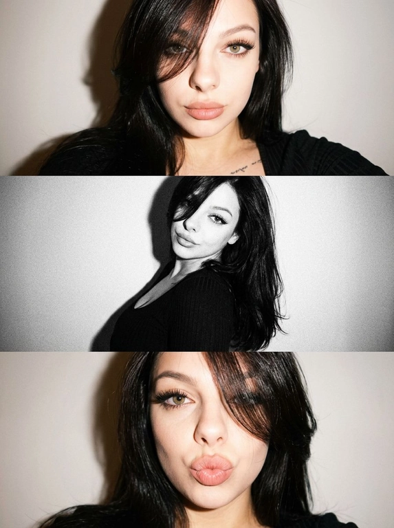 Не меняя черты лица как на фото, вертикальный коллаж из трех фото в стиле Y2K, персонаж позирует на нейтральном светлом фоне, жесткое прямое освещение от вспышки, создающее резкие тени на стене позади и эффект пересвета, лисий макияж, выраженные ресницы с вытянутым уголком, на первом и третьем кадре нет черно-белой обработки, второй кадр — черно-белый, на первой фотографии она очень близко к камере и смотрит прямо в объектив, на втором кадре корпус развернут, голова кокетливо повернута к объективу, на третьей фотографии она снова очень близко к камере, смотрит в объектив, дует губы бантиком и смотрит вперед, сочетание цветных снимков с мягким фокусом и черно-белого кадра с высокой контрастностью, крупный и средний план, минималистичная композиция, винтажная цифровая текстура, легкая размытость, гламурная атмосфера.




Какая будет прическа?: Женщина с красивой, объемной укладкой, укладка выглядит так, будто сделана на брашинг; укладка немного прикрывает лицо, но не сильно; укладка уложена на бок и частично закрывает левый глаз.